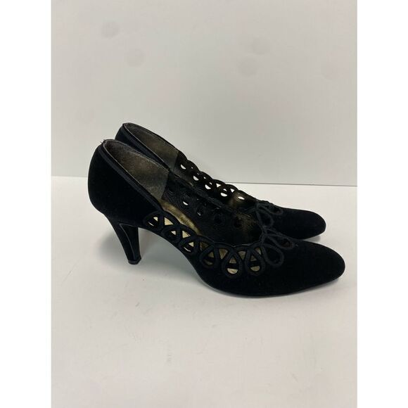 Black Leather Suede Scalloped Heel Size 7 - Picture 4 of 10